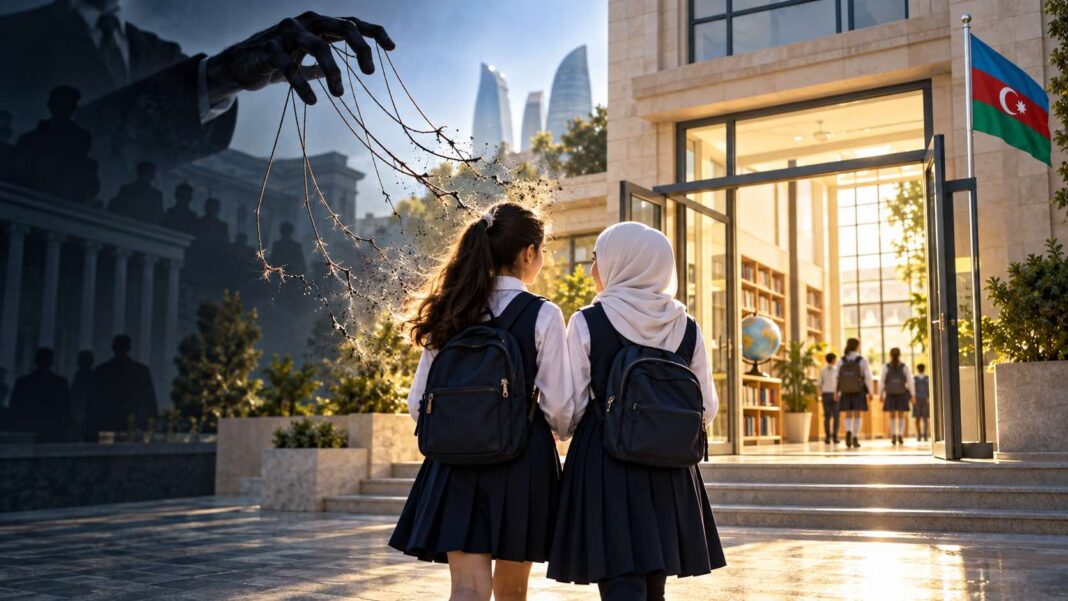 hijabschool Школьницы в хиджабах на фоне азербайджанского флага